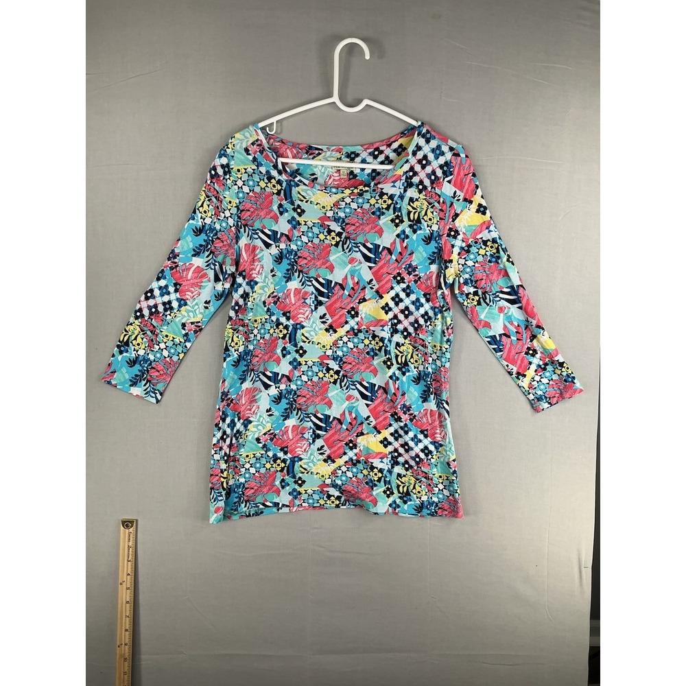 Palm Harbor Womens 1X Colorful Floral Geometric Long Sleeve Knit Top